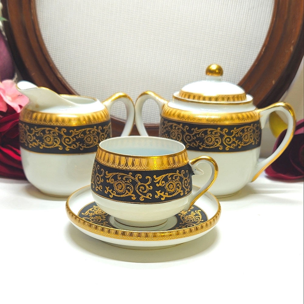 Kutani Gold & Black Floral Scroll Design Demitasse Tea Cup Creamer & Sugar Set